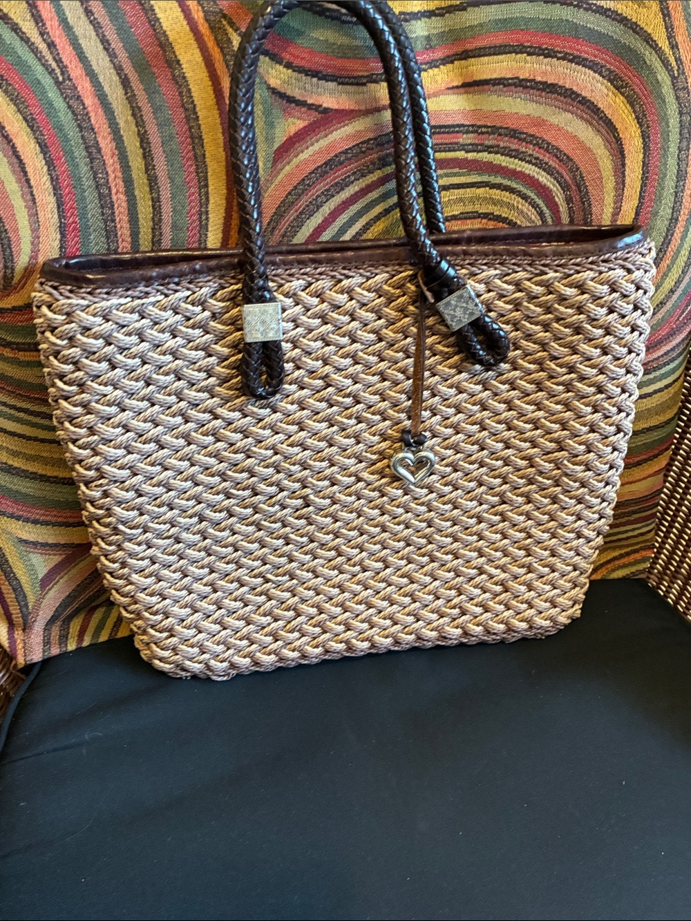Brighton Woven Straw Tote in Beige with Brown Trim and Heart Charm